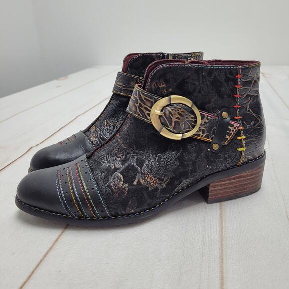 L'Artiste Georgiana French leather burnout floral ankle boots booties rainbow - Picture 1 of 9